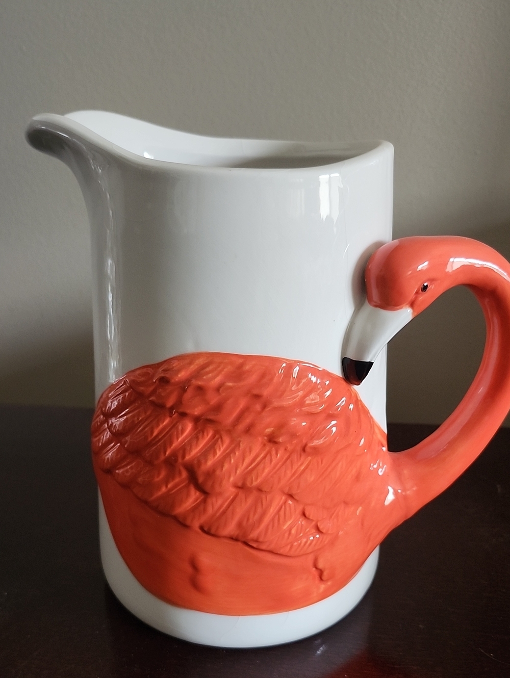 White Ceramic Pitcher/Vase with Coral Flamingo Accent